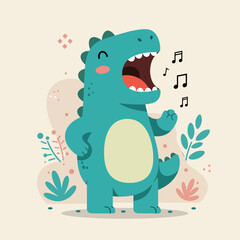 Naklejka premium A cheerful cartoon dinosaur singing joyfully amidst playful foliage.