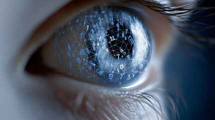 Close-up of a human eye with a digital overlay of numbers and geometric lines, symbolizing technology, data analysis, and futuristic vision