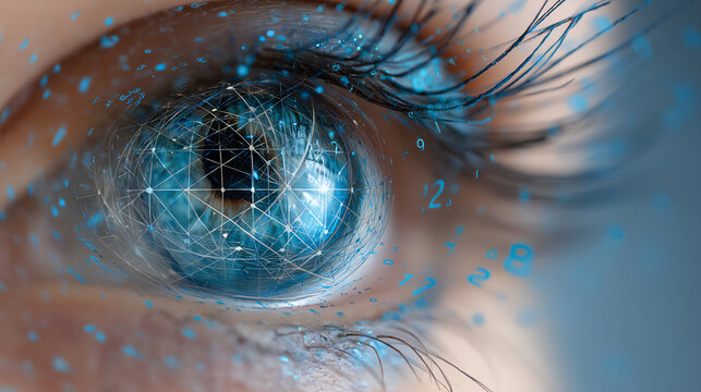 Close-up of a blue human eye with digital network patterns and floating numbers, representing technology, data, and futuristic vision concepts