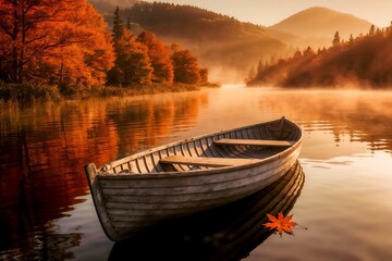 Obraz premium Wooden boat floating on a calm autumn lake with golden trees and misty mountains at sunrise, symbolizing peace and seasonal beauty.autumn landscape, autumn lake, fall colors, seasonal beauty, peaceful