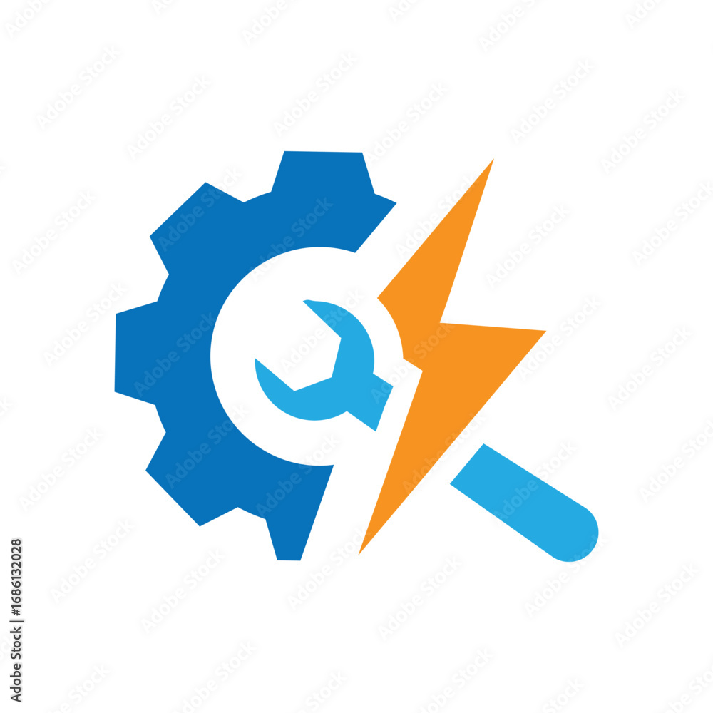 Poster the image shows a flat logo design of a cog with a wrench and a lighting icon. the logo looks clean 