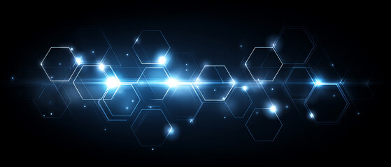 Fototapeta premium Glowing blue hexagons connected by bright lines create a futuristic digital network design on a dark background, representing technology and data flow