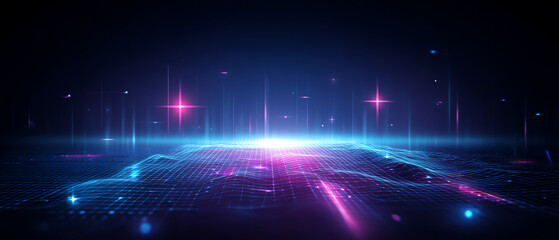 Futuristic digital landscape with glowing grid lines and neon light effects in blue and purple hues, evoking a high-tech, cybernetic atmosphere under a dark background