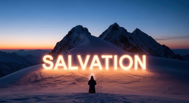 Solitary Figure Contemplates Illuminated "Salvation" on Snowy Mountain Peak at Sunset