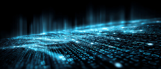 Digital data streams in blue light ripple across a dark background, symbolizing futuristic technology, information flow, and virtual networks in a high-tech digital landscape