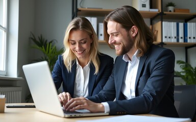 Fototapeta premium Two busy happy professional business man and woman executive leaders team using laptop working on computer at work desk having conversation on financial project at meeting in office. High quality