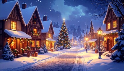 Festive snow-dusted village at night