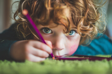 Fototapeta premium Close-up of a curly-haired child lying on a green surface, focused intently on drawing with a purple colored pencil