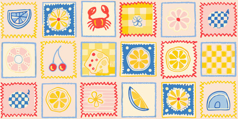 Whimsical hand drawn summer pattern with fruits crab dice and checkered motifs