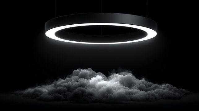 A futuristic circular LED light hovers above a dense, glowing cloud of smoke in a dark, minimalist setting, creating a mysterious and surreal atmosphere - Powered by Adobe