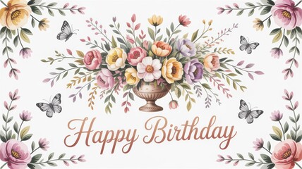 Beautiful floral happy birthday greeting card with butterflies and elegant typography