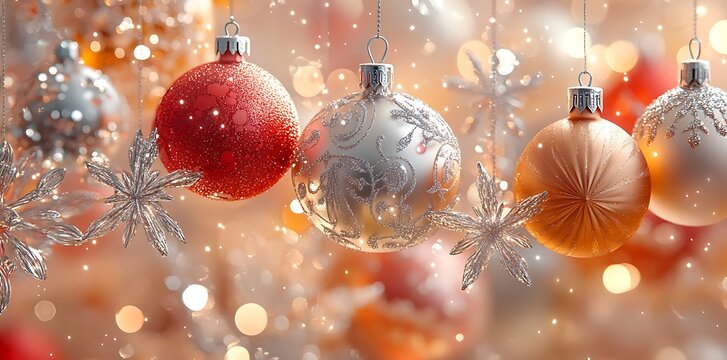 Red silver and gold Christmas ornaments with sparkling snowflakes decorations holiday