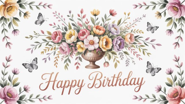 Beautiful floral happy birthday greeting card with butterflies and elegant typography
