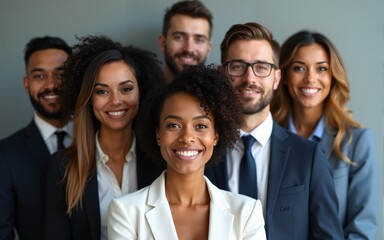 A diverse group of businesspeople poses for a professional team photo, exuding confidence and professionalism, while looking smart and impeccable. Generative AI. High quality