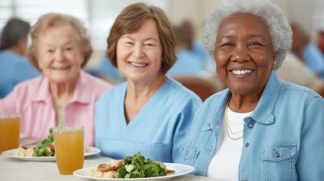 Smiling seniors enjoying a nutritious meal together in a community dining setting, fostering friendship and connection, with healthy food and beverages served.