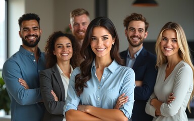 Group of business workers smiling happy and confident. Posing together with smile on face looking at the camera, young beautiful woman with crossed arms at the office. High quality