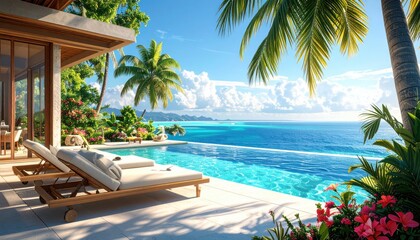 Fototapeta premium Luxurious Beachfront Villa with Infinity Pool and Scenic Views