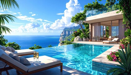 Elegant Infinity Pool Overlooking Serene Ocean and Lush Landscape