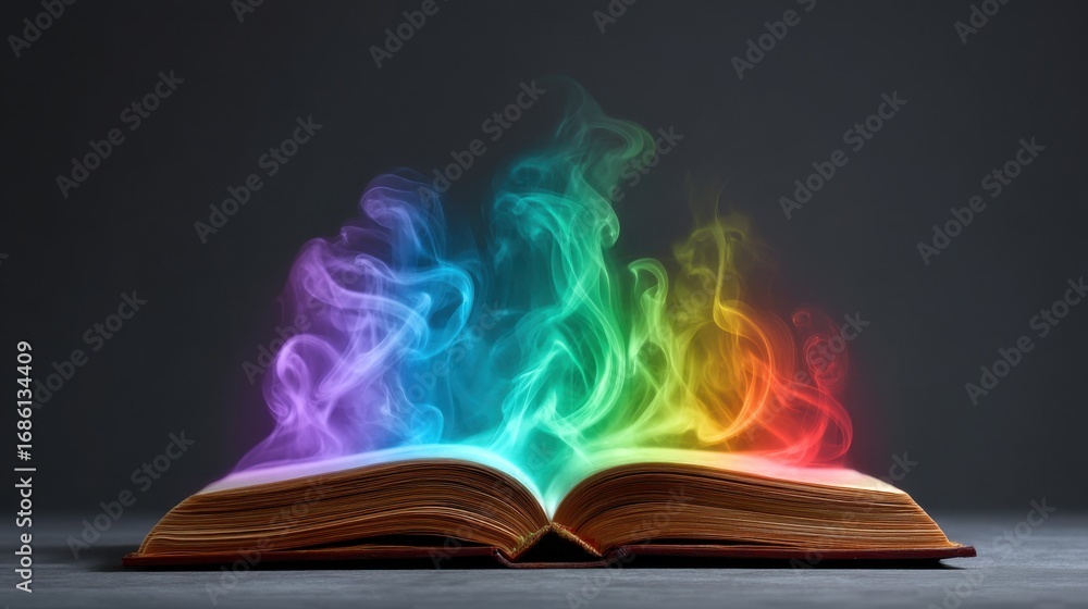 Poster colorful smoke emanating from an open book symbolizing knowledge and imagination in a modern concept