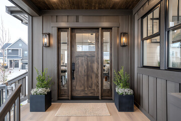 Obraz premium Modern home entrance with a wooden door, glass side panels, black planters holding greenery, wall lanterns, and a beige welcome mat on a light wooden porch floor