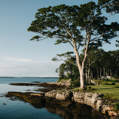 Calm coastal scene with a large tree on rocky shore, overlooking still water under a clear sky, surrounded by greenery and distant land on the horizon