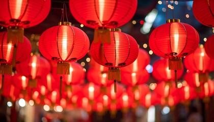 Red lanterns hanging in a row at night