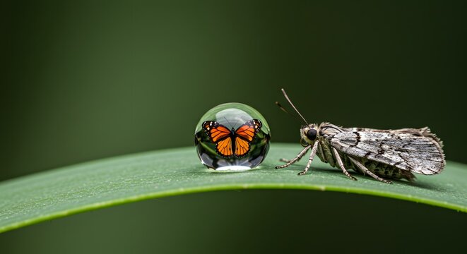 A water droplet reflects a vibrant butterfly from a dead moth, a powerful metaphor for perception vs. reality, the beauty of memory, and a transformative illusion