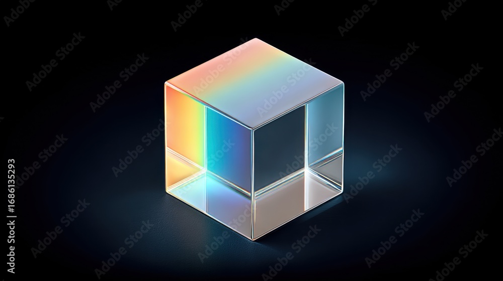Poster transparent cube with colorful reflection on dark background, modern minimalist design for abstract 