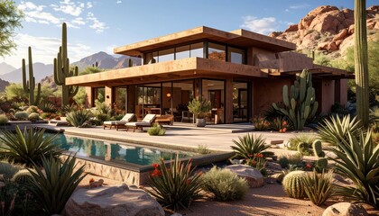 Modern Desert Villa Surrounded by Cacti and Scenic Mountain Views