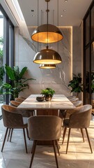 Fototapeta premium Elegant Modern Dining Room with Stylish Lighting and Greenery