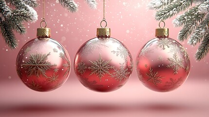 Fototapeta premium Three pink Christmas ornaments with snowflakes hang from branches decoration