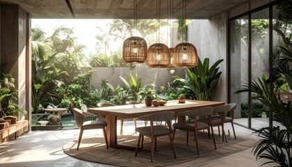 Fototapeta premium Modern dining room with natural light, plants, and stylish decor