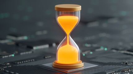 Simplistic hourglass design with orange sand set against a dark circuit board, symbolizing the passage of time in technology and digital advancement.