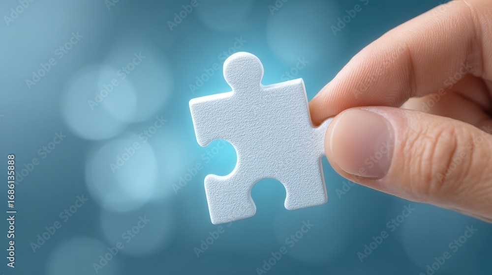 Poster close-up hand holding a single white puzzle piece against a soft blurred blue background perfect for