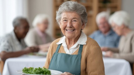 Happy senior woman serving fresh green salad in dining room with other elderly people enjoying meal at a community center or retirement home