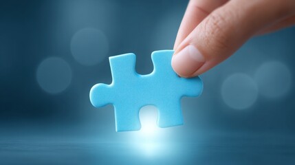 Hand Holding a Blue Puzzle Piece Against a Soft Focus Background, Symbolizing Problem-Solving, Teamwork, and Connection in a Creative Environment