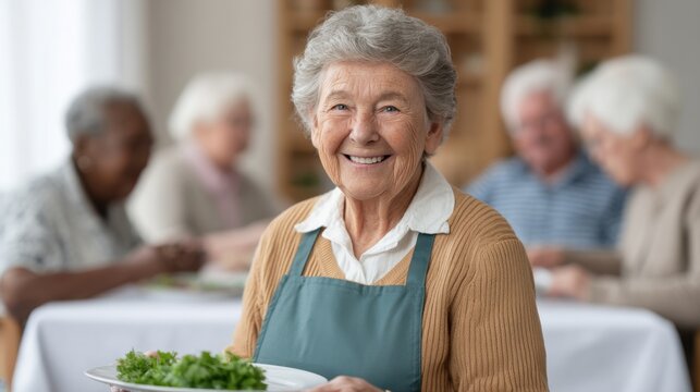 Happy senior woman serving fresh green salad in dining room with other elderly people enjoying meal at a community center or retirement home - Powered by Adobe