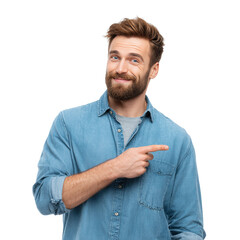 Confident bearded man pointing sideways on transparent background