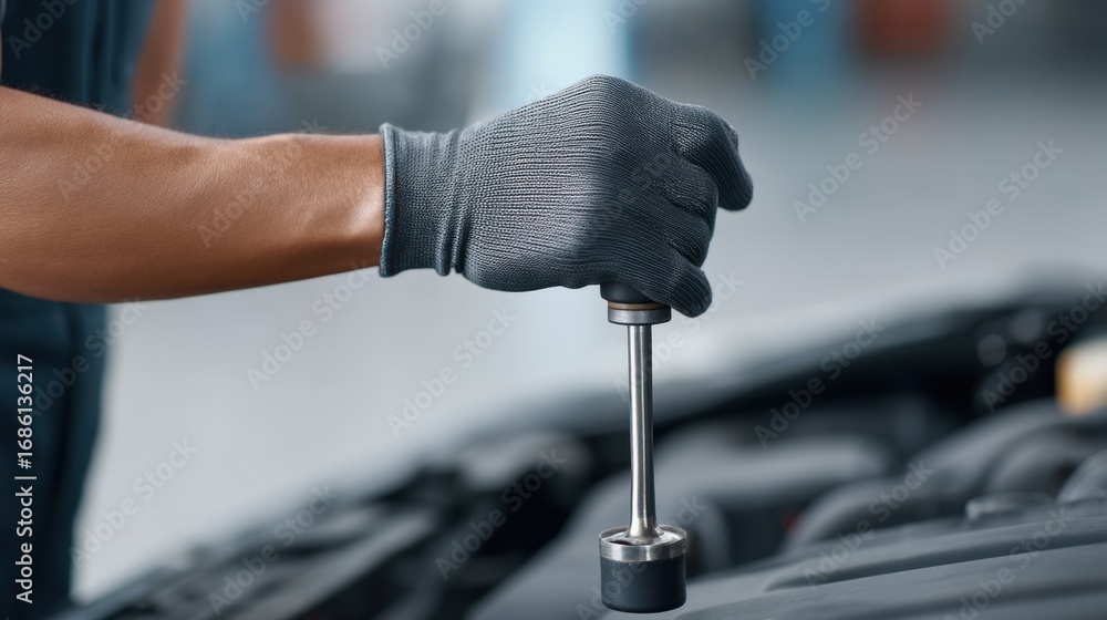 Poster mechanic uses tool to adjust engine components in automotive workshop for vehicle maintenance and re