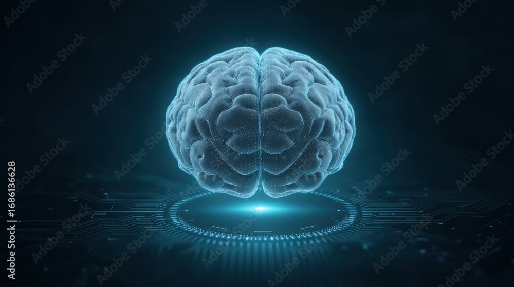 Poster futuristic visualization of a human brain in 3d with glowing effects surrounded by abstract technolo