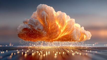 Gradient Purple Golden Orange Neon Blue Particles Scattered Fluffy Digital Cloud Illuminated Soft Sunrise Light Floating Glowing Futuristic Banner Marketing Ecommerce Web Print Copy Spac SEO Optimized