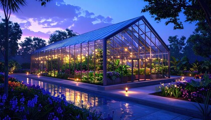 Fototapeta premium Serene Greenhouse at Dusk with Illuminated Plants and Flowers