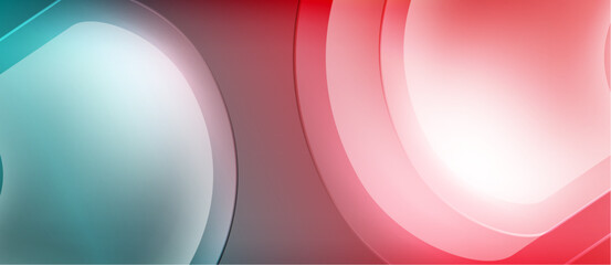 Abstract background features overlapping circles, blue, red hues. Smooth gradients create modern, dynamic visual effect. Minimalist design.
