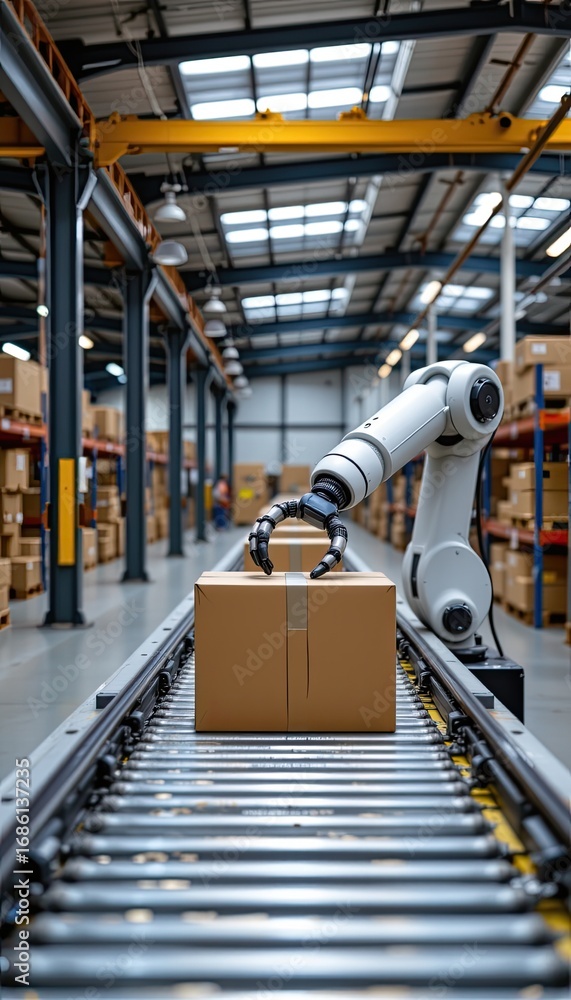 Poster advanced robotic arm in a modern warehouse setting handling a cardboard box on an automated conveyor