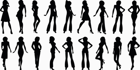 Collection of diverse female silhouettes in various fashionable poses and outfits