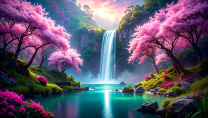 A vibrant waterfall cascading through a serene, pink-blossom landscape