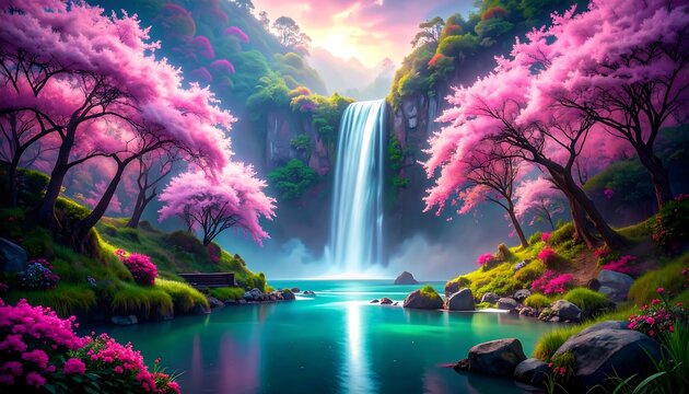 A vibrant waterfall cascading through a serene, pink-blossom landscape