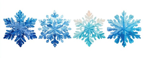 Four watercolor snowflakes in blues