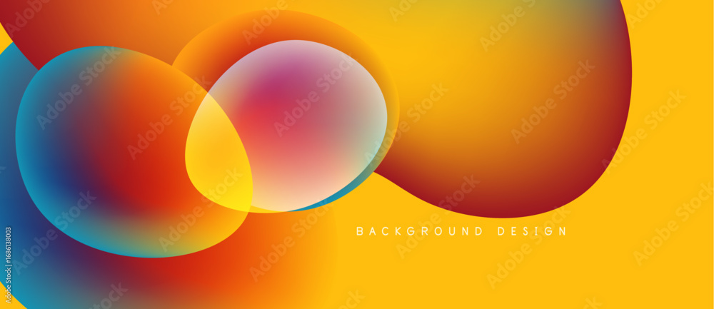 Poster abstract vibrant circles overlap, creating gradient effect. yellow background complements colorful d