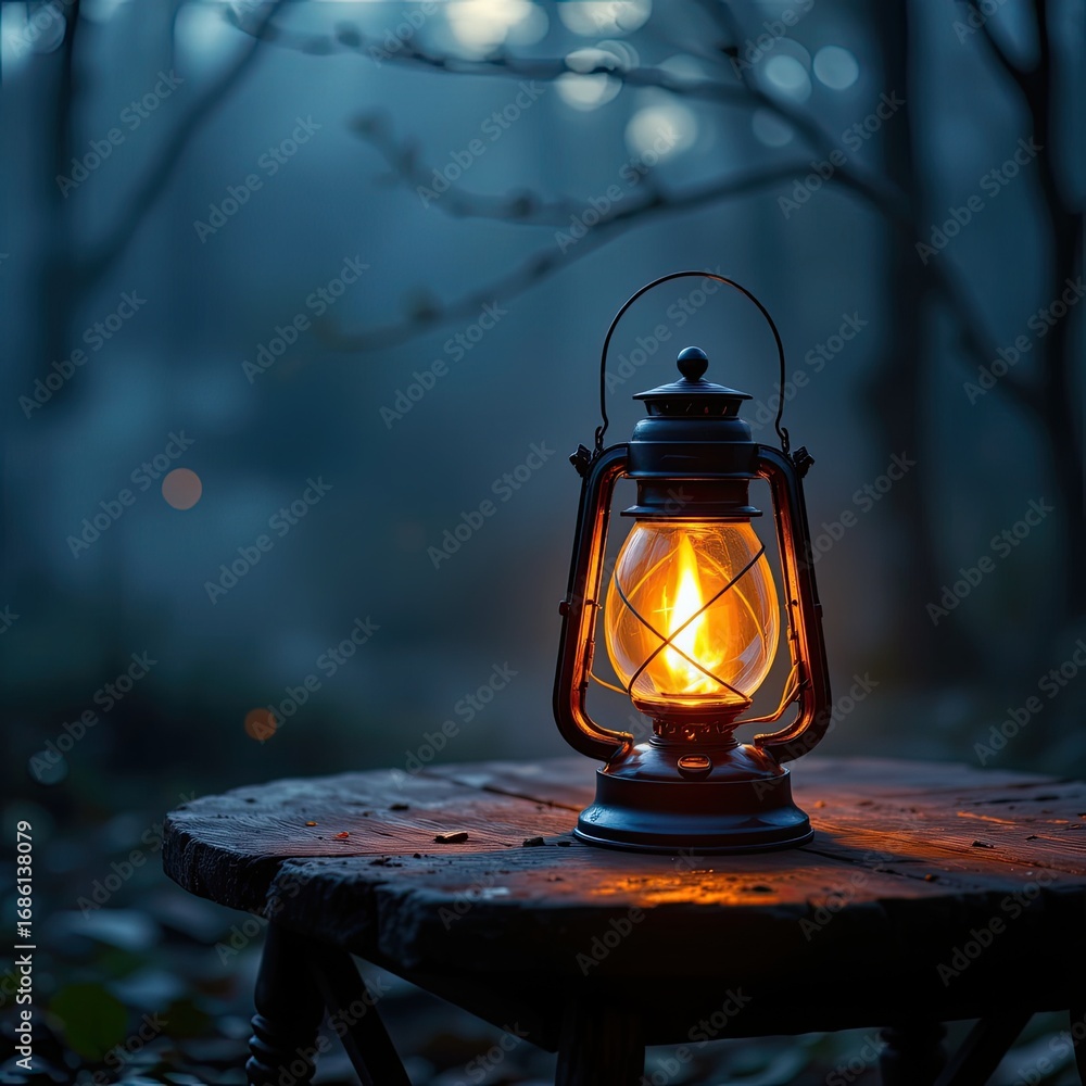 Poster vintage lantern glowing warmly in a serene forest setting during twilight hours with softly blurred 